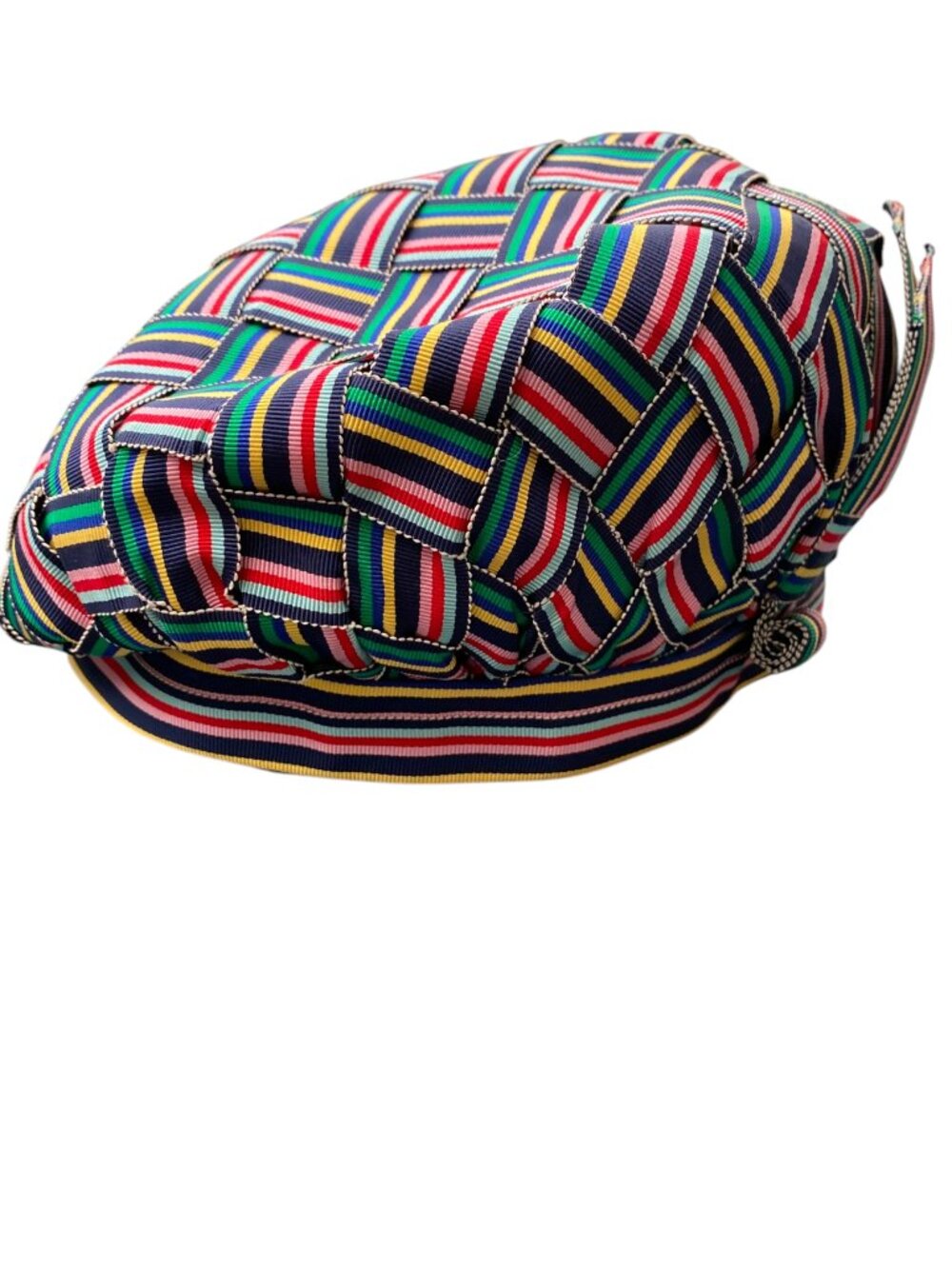 Vintage 1960s Emme New York Woven Rainbow Striped Grosgrain Ribbon Beret Hat